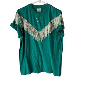 Vintage‎ 80s Turquoise Western Fringe Beaded Rodeo Top Western Large